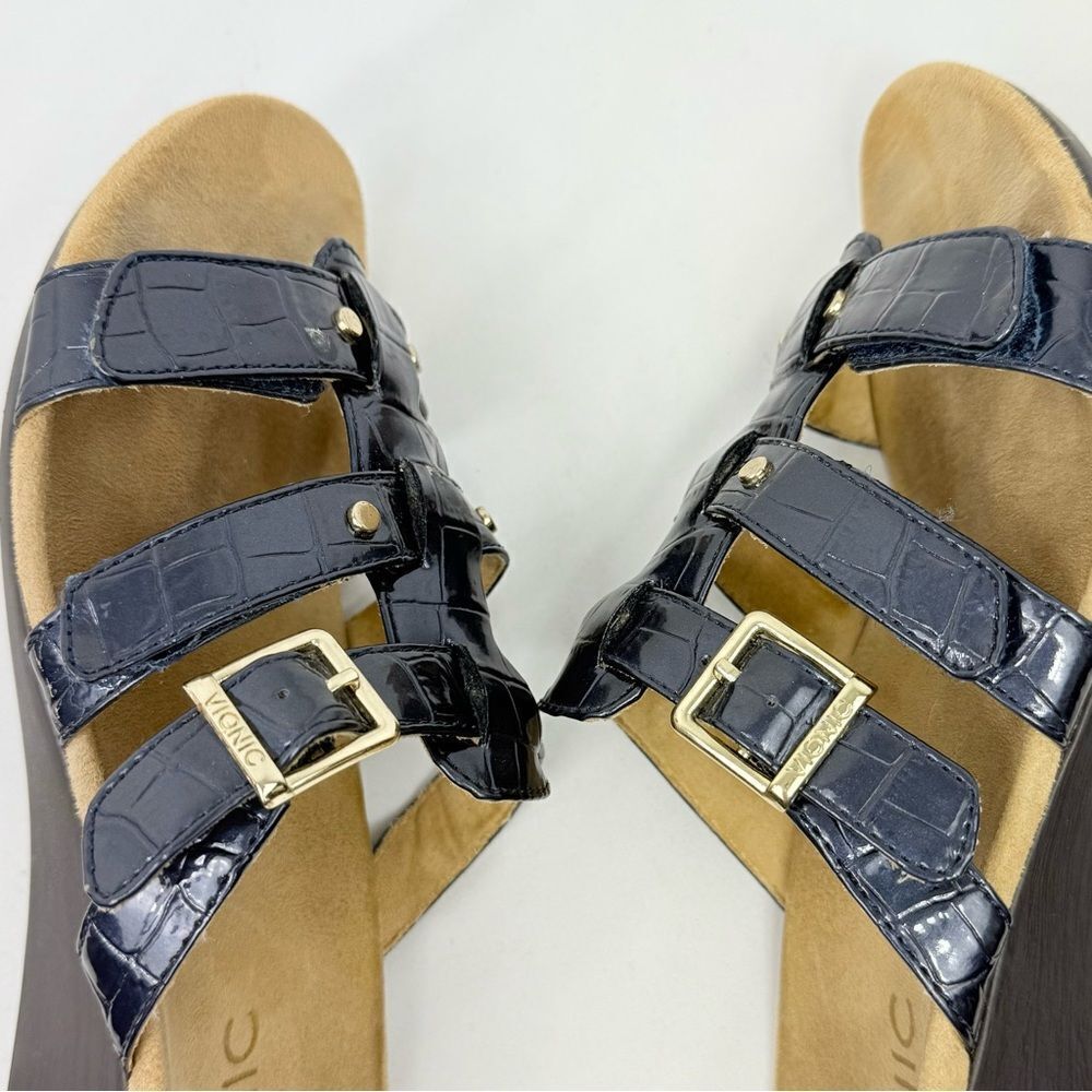 Vionic RADIA Blue Patent Reptile Embossed Triple T Strap Slide Wedge Sandals - Picture 10 of 14